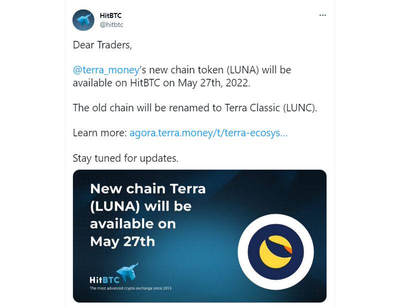 HitBTC là sàn giao dịch tiền điện tử đầu tiên hỗ trợ Luna mới