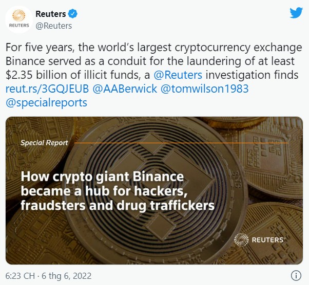 Reuters cáo buộc quy trình KYC lỏng lẻo trên Binance đã tiếp tay để tin tặc dễ dàng rửa tiền thông qua tiền mã hóa