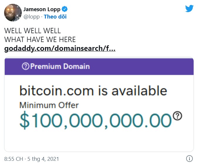 Tên miền Bitcoin.com được niêm yết trên GoDaddy với giá 100 triệu USD