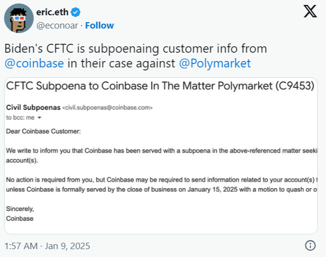 Coinbase Faces CFTC Subpoena Over Polymarket Investigation