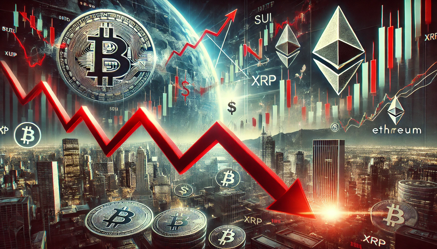 Bitcoin and Ethereum prices with red downward arrows indicating massive institutional outflows