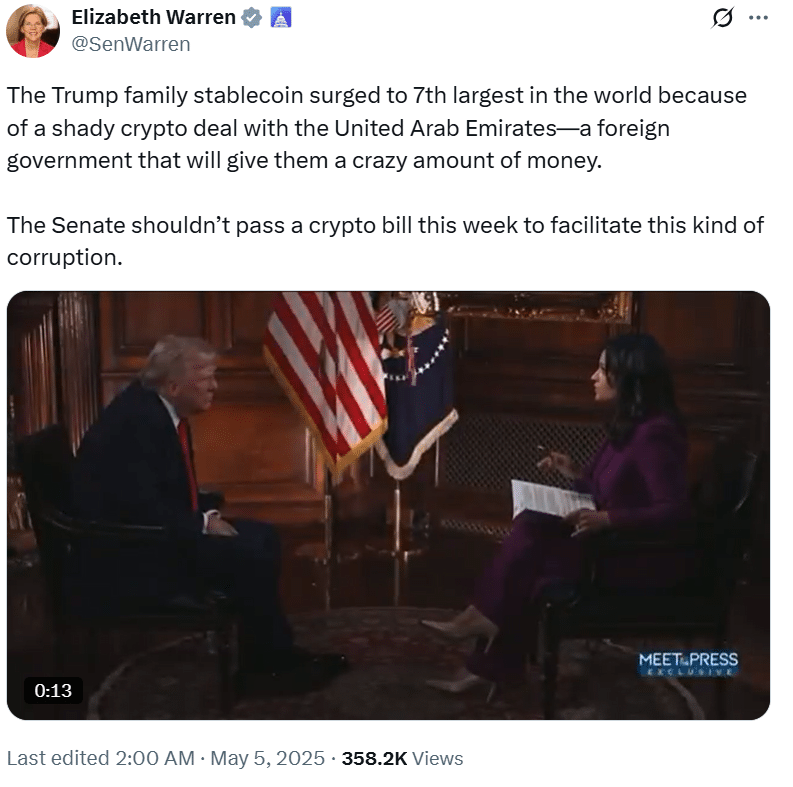 USD1 in the Hot Seat: Senate Split Over Trump’s Crypto Ties and UAE Backing 8 Elizabeth Warren, Trump Family Stablecoin