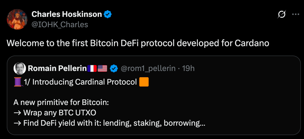 Cardinal Protocol​ Brings Bitcoin DeFi to Cardano