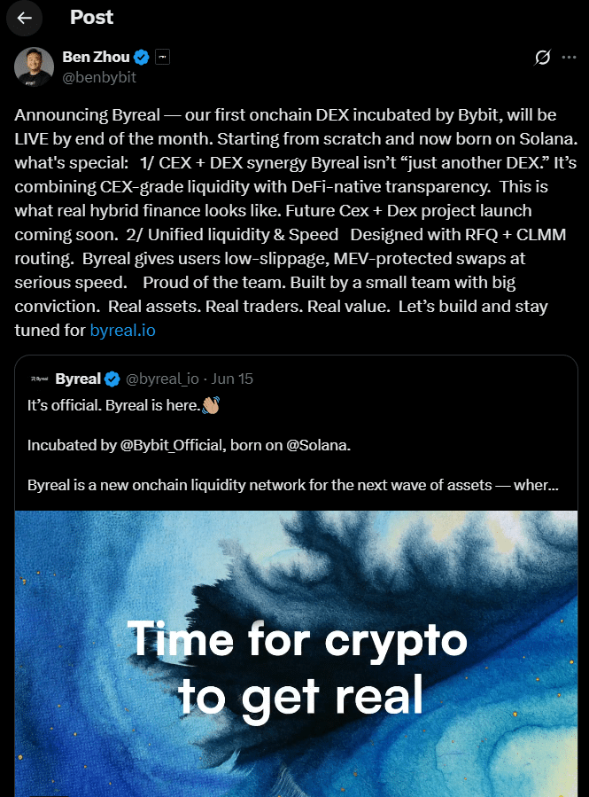 Bybit Launches Byreal DEX on Solana After Web3 Shutdown