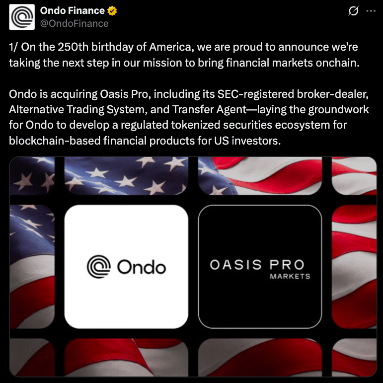 Ondo Finance Acquires Oasis Pro