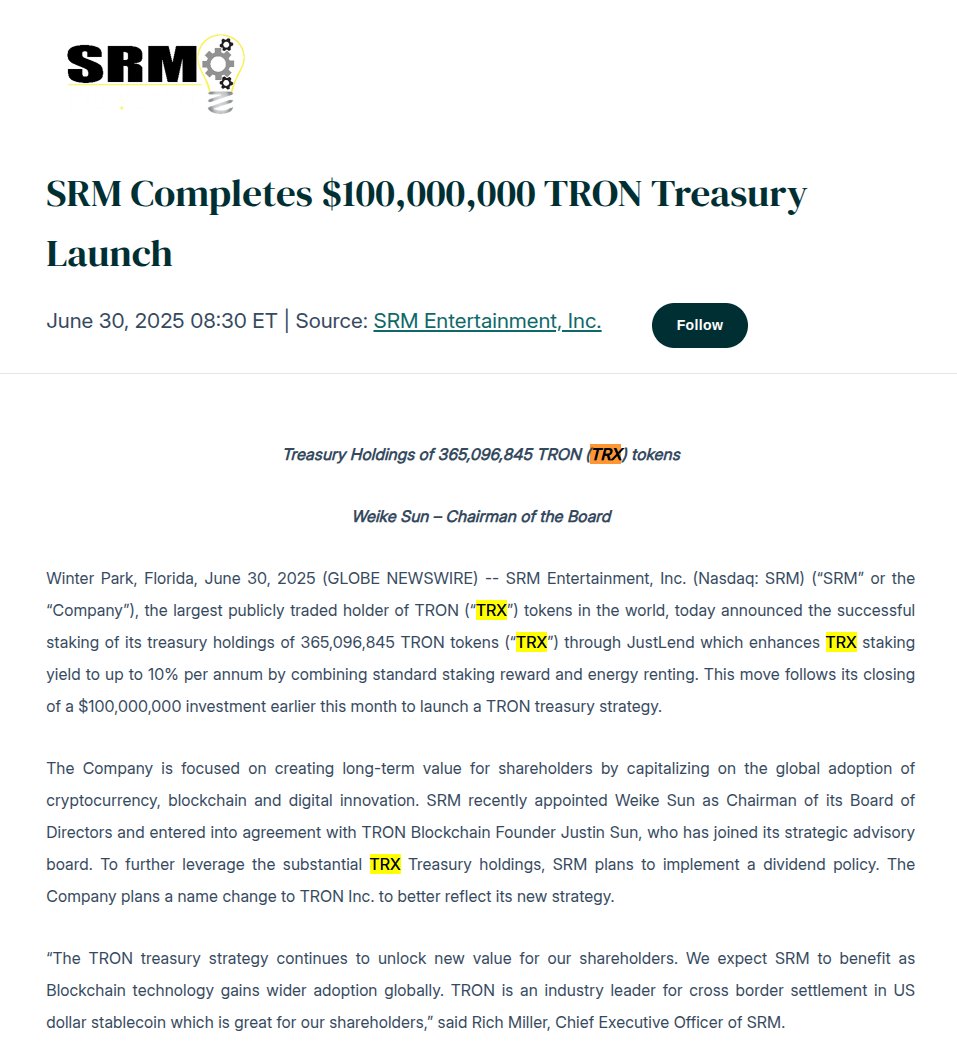 SRM TRON treasury launch